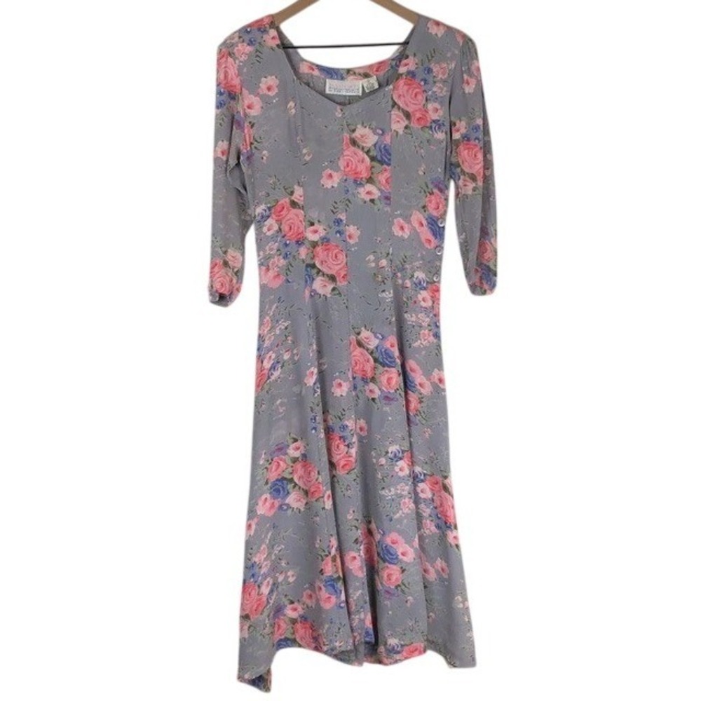VTG Passports Pier 1 Imports Floral Rayon Midi Dress Sz S Grey Pink Cottagecore